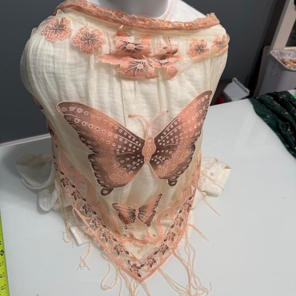 Vintage Sheer Butterfly‎ Embroidered Scarf | Fairycore Shawl | Peach Pink